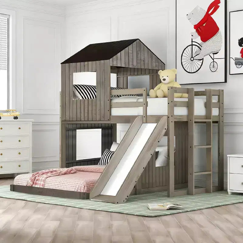 Luxystar houten stapelbed voor een eenpersoonsbed boven een tweepersoonsbed, met speelhuisje, glijbaan en veiligheidsleuningen
