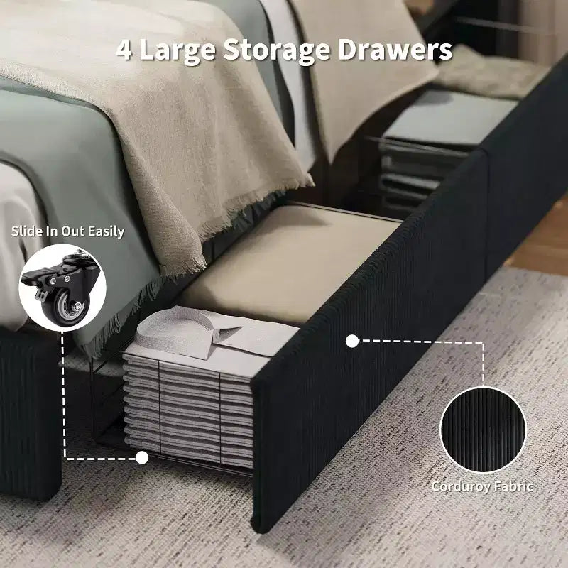 CuisinSmart-Bettrahmen aus Cord mit Kopfteil, gepolsterter Plattformbett-Rahmen mit 4 Schubladen und Lattenrost aus Holz