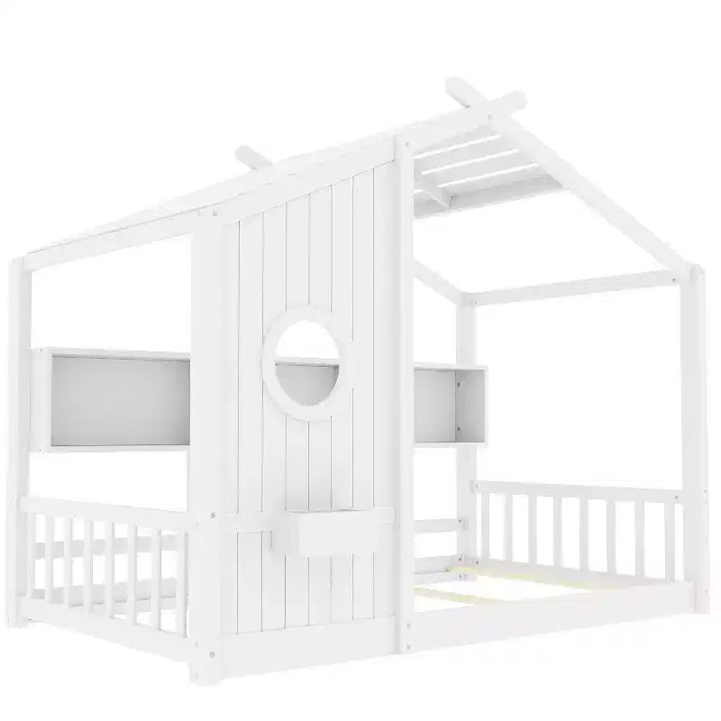 Łóżko domek z ramą platformową w rozmiarze Twin/Full, łóżko podłogowe dla malucha, łóżko dziecięce Montessori, łóżko domek do zabawy z półką do przechowywania - ModernLuxe