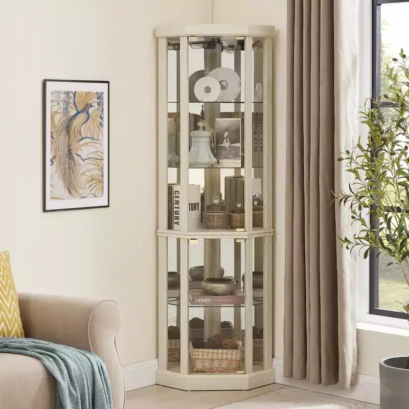Hoekvitrinekast met glazen deuren en planken, hoekvitrine voor de woonkamer