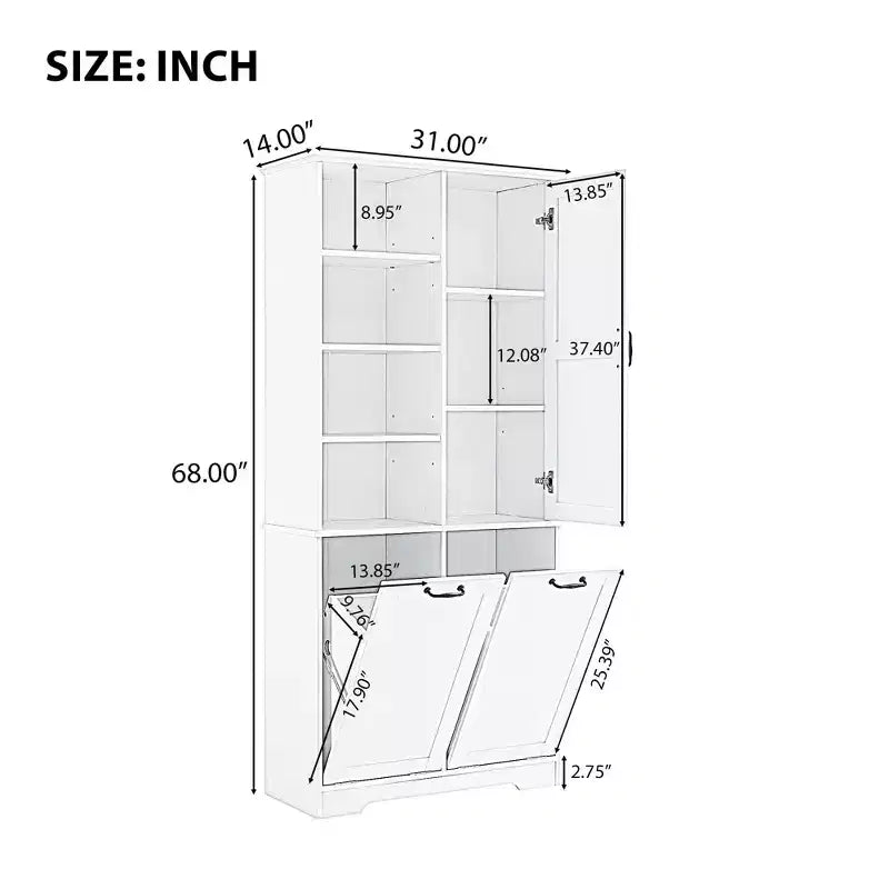 Meuble de rangement pour salle de bains avec portes et tiroirs, panier à linge basculant, nombreux espaces de rangement, modèle autoportant