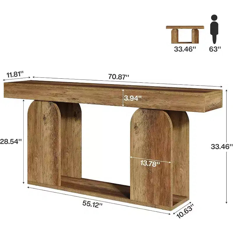 Lantine extra lange landelijke consoletafel van 70.9 inch met houten opbergplank met 2 niveaus, geschikt voor hal, woonkamer en entree, vintagebruin.