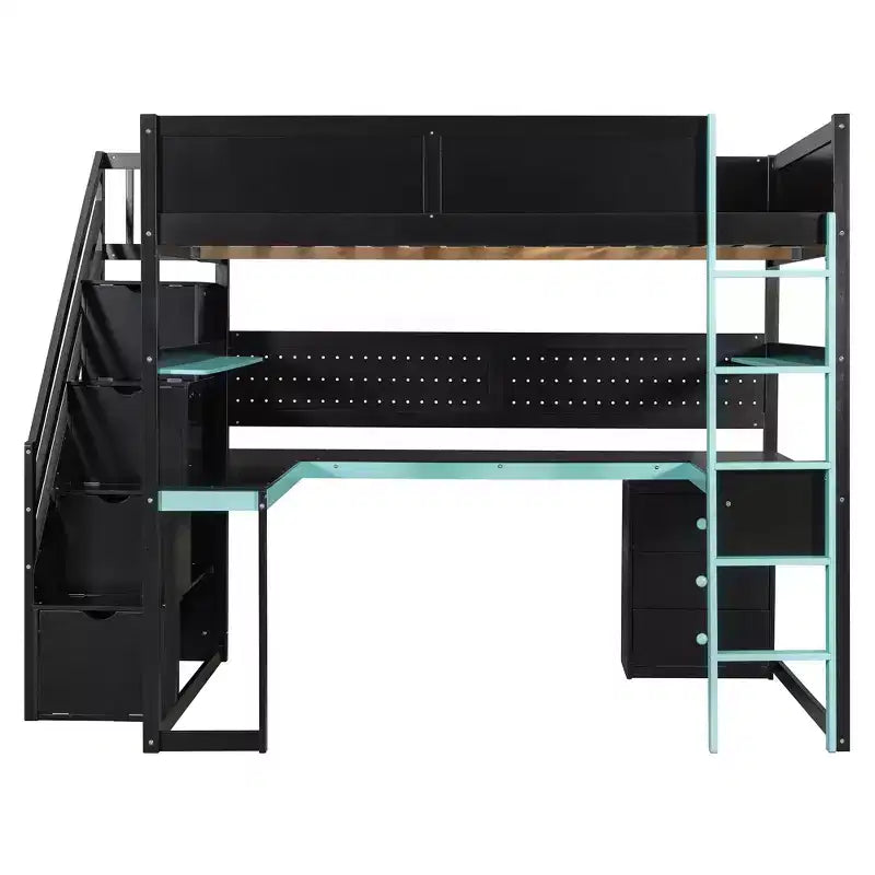 GDFStudio Scott houten gaminghoogslaper met opberktrap, bureau, planken en pegboard