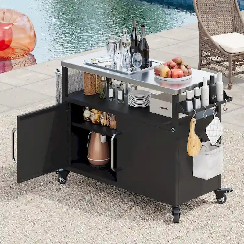 Outdoor-Kücheninsel mit Edelstahl-Tischplatte, Grillwagen aus Metall mit Stauraumschrank - N/A