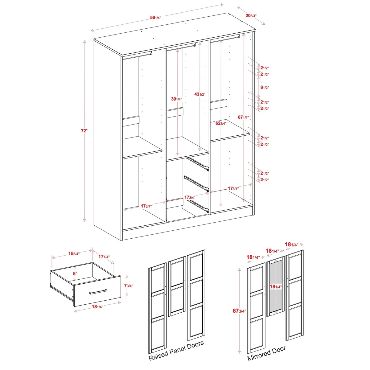 Palace Imports Cosmo Kleiderschrank mit 3 Türen aus 100 % Massivholz und Türen aus Massivholz oder mit Spiegel