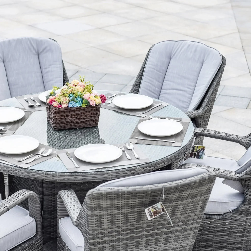 Ensemble de salle à manger rond de patio en rotin tressé d’extérieur, 7 pièces avec coussins, par Moda Furnishings
