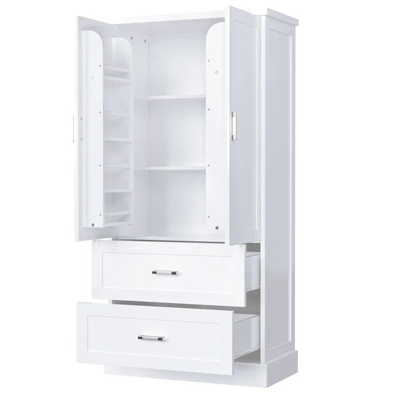Armoire de rangement haute pour salle de bains avec deux portes et tiroirs, étagère réglable, panneau MDF