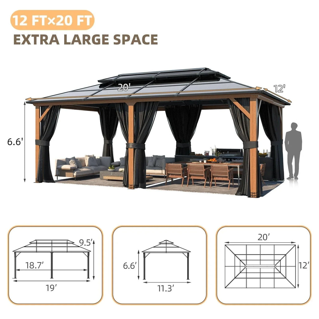 EROMMY Pavillon mit festem Dach, Pergola für den Außenbereich mit Doppeldach, Moskitonetz und Vorhängen, strapazierfähiges Sonnendach für Terrasse, Garten und Poolpartys