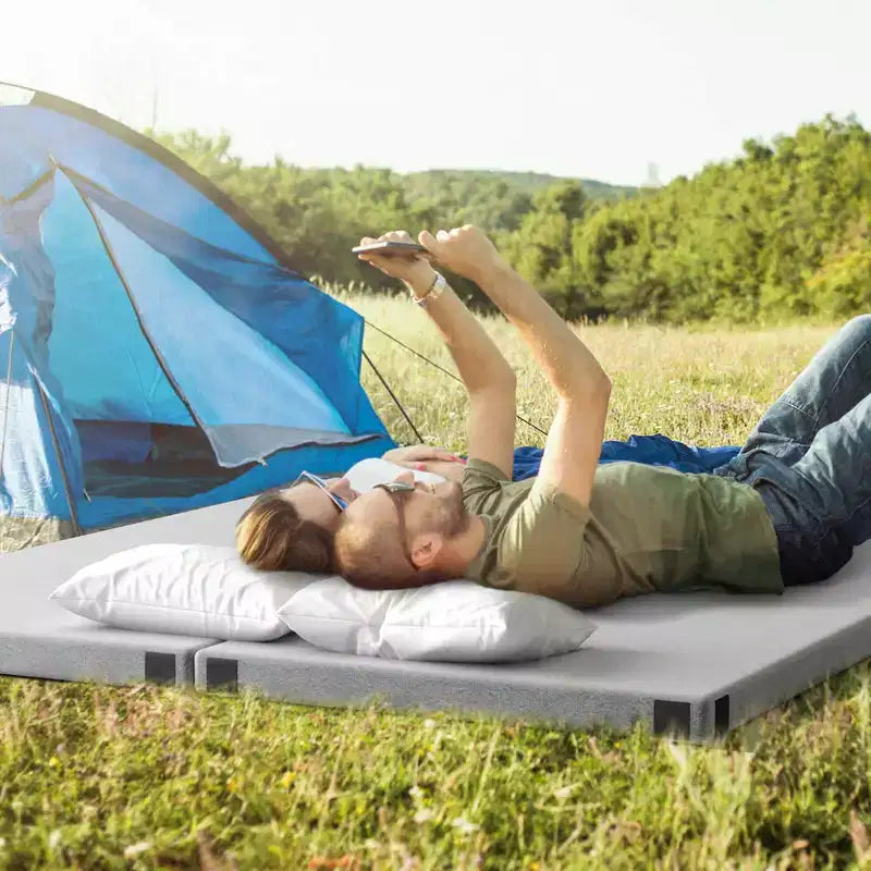 Costway kampeermatras van traagschuim met antislip onderkant en reistas voor buitengebruik, grijs/blauw