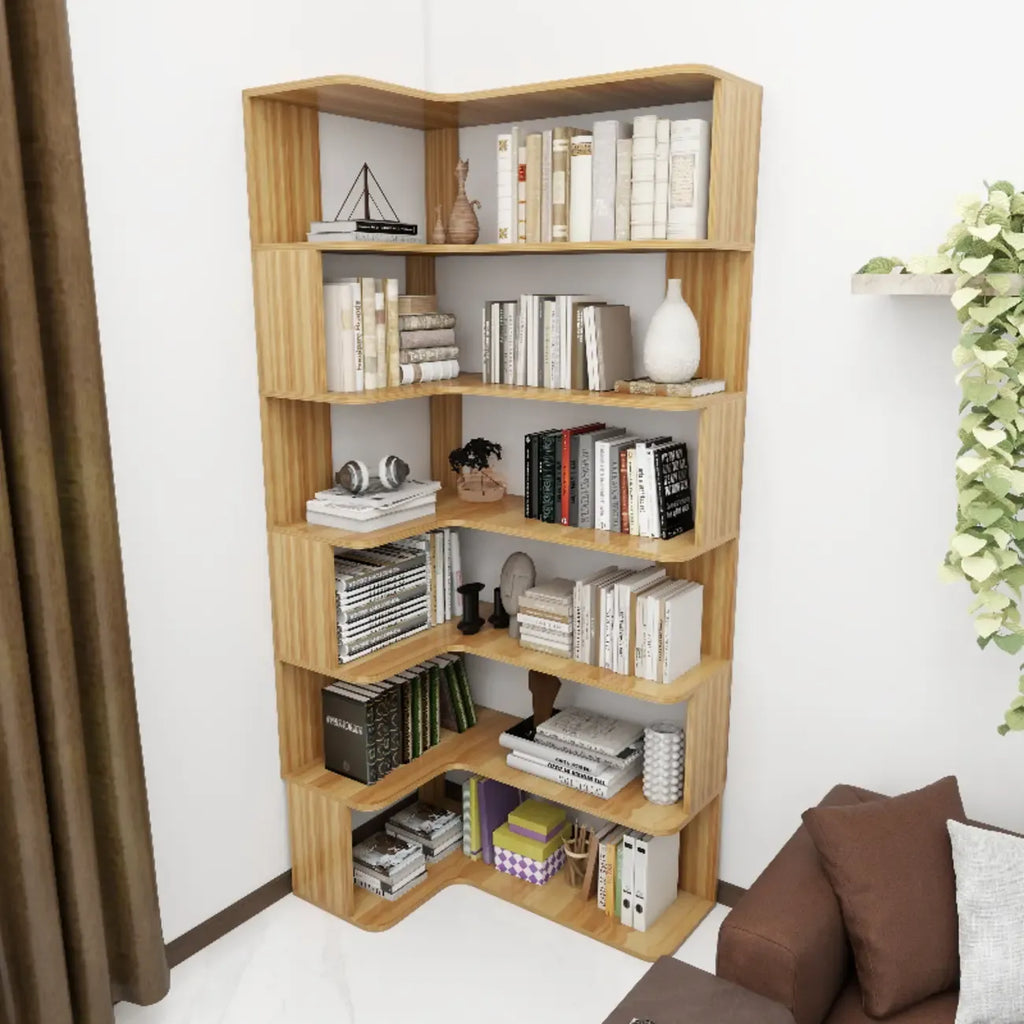 Hoekboekenkast van bewerkt hout met 6 planken