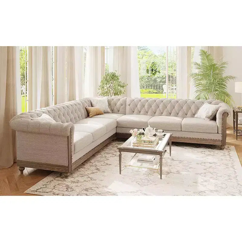 Duża retro sofa modułowa narożna Mirod z drewnianymi nogami, wygodna konstrukcja modułowa do salonu, strefy wypoczynkowej i przestrzeni rodzinnych