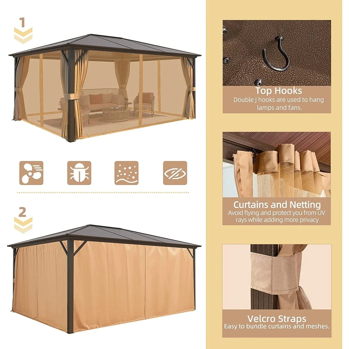 EROMMY Pavillon mit festem Dach, Pergola für den Außenbereich mit Doppeldach, Moskitonetz und Vorhängen, strapazierfähiges Sonnendach für Terrasse, Garten und Poolpartys