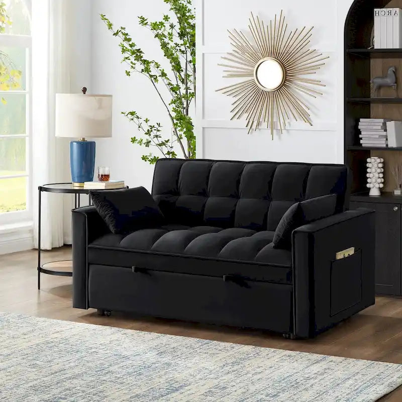4-in-1-Zweisitzer-Schlafsofa mit Armlehnen und Aufbewahrungstaschen, multifunktionales, getuftetes Ausziehsofa mit verstellbarer Rückenlehne