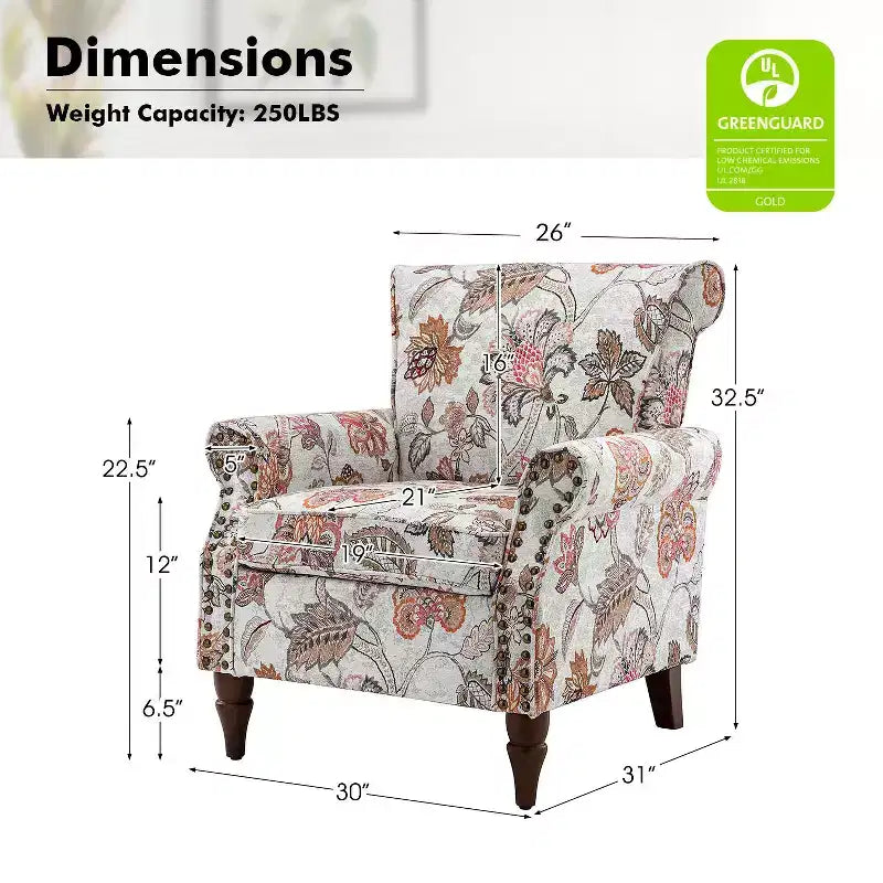 Araceli traditioneller gepolsterter Holzsessel mit Blumenmuster, Ohrenlehnen und Ziernägeln | ART OF LIVING DESIGNS