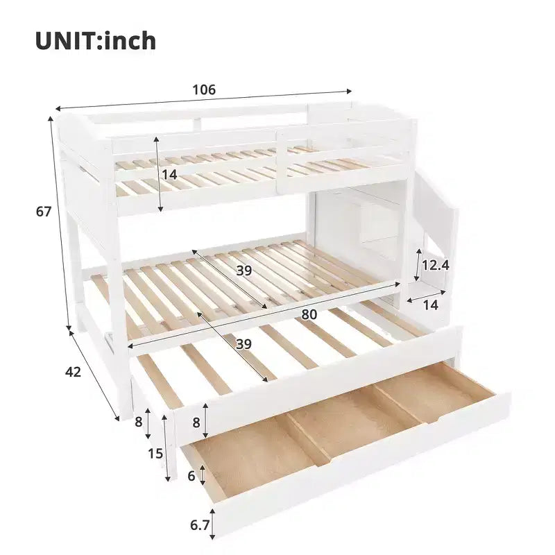Whisen XL-Etagenbettgestell mit Ausziehbett, Etagenbett mit Stauraum, Etagenbett aus Massivholz, Stauraumtreppe, Kleiderschrank, 3 Schubladen, für Kinder