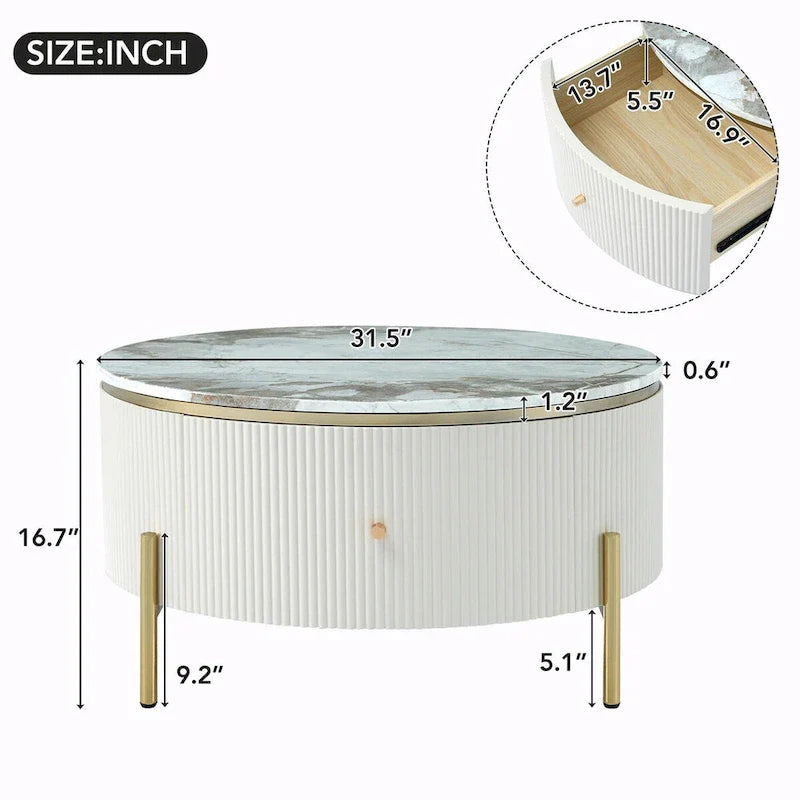 Moderne ronde salontafel van 31.5 met grote opberglade
