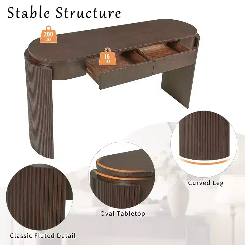 Table console moderne Merax à plateau ovale, avec pieds incurvés cannelés et deux tiroirs dissimulés