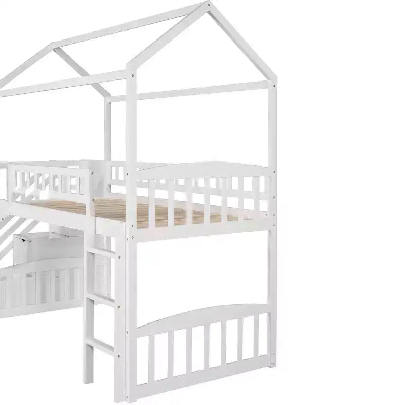 Hochbett in Hausform für Einzelbetten mit Rutsche und Treppe, Hochbett mit Schubladen, Holzhütten-Hochbett für Kinder und Kleinkinder