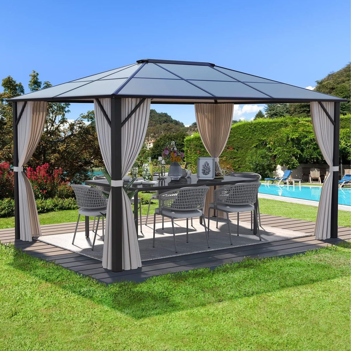 EROMMY Pavillon mit festem Dach, Pergola für den Außenbereich mit Doppeldach, Moskitonetz und Vorhängen, strapazierfähiges Sonnendach für Terrasse, Garten und Poolpartys