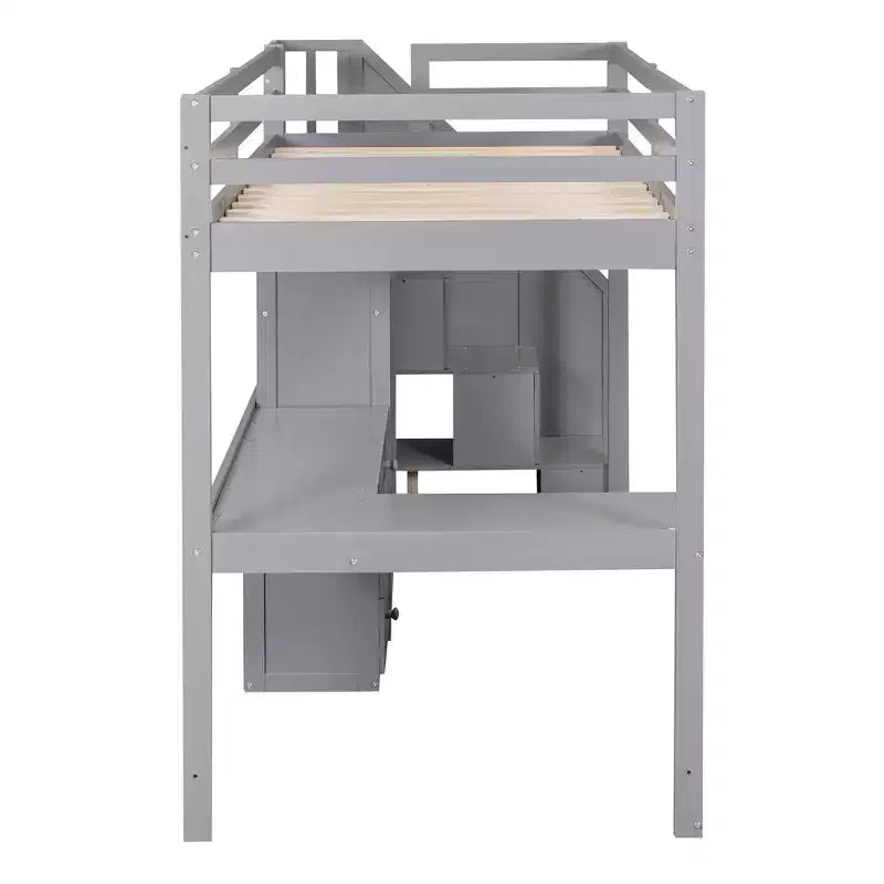 Hochbett in Einzelbettgröße mit L-förmigem Schreibtisch, 3 Schubladen, Schrank und Stauraum in der Treppe, Konstruktion aus massivem Kiefernholz/MDF
