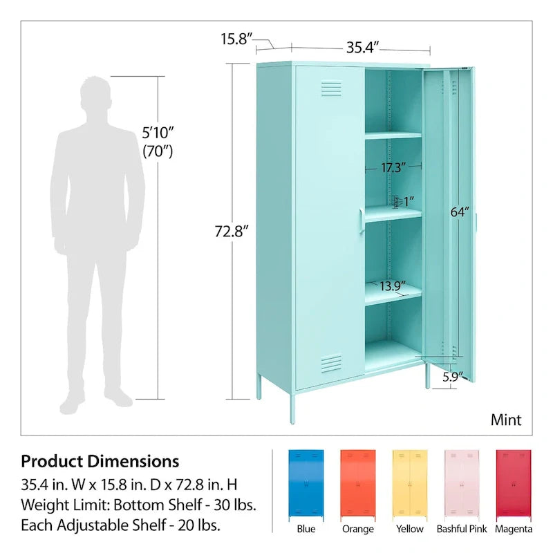 Orange/rosa hoher Metallschrank mit 2 Türen, für 1 Person