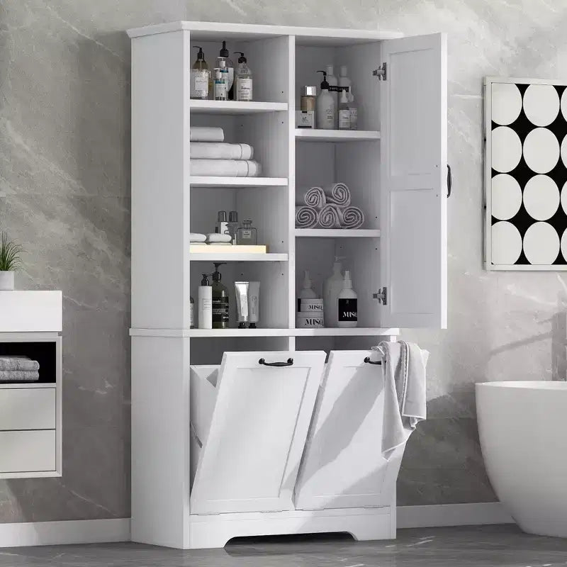 Meuble de rangement pour salle de bains avec portes et tiroirs, panier à linge basculant, nombreux espaces de rangement, modèle autoportant