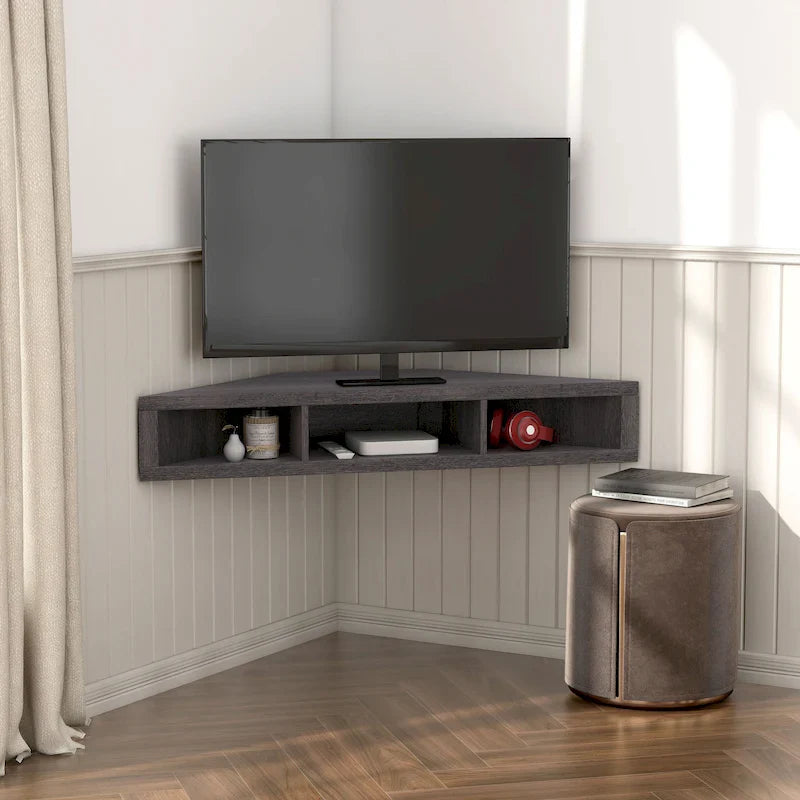 Hoek-tv-meubel van 47, zwevend, met 3 planken, overgangsstijl, ruimtebesparende wandmontage
