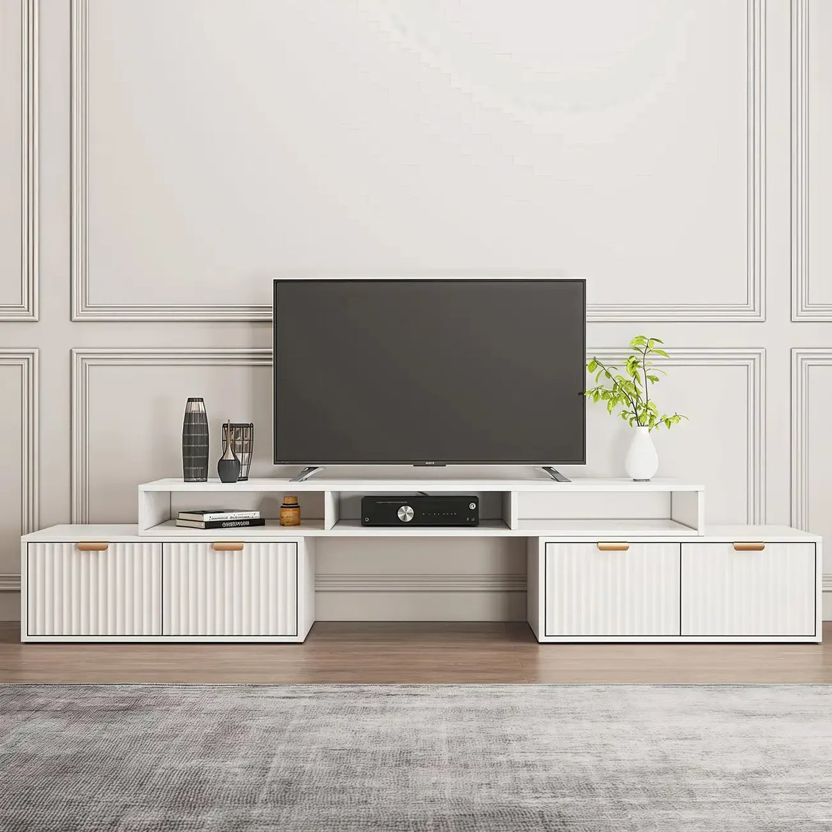 Moderne witte hoek-tv-meubel met 2 lades en open opbergruimte