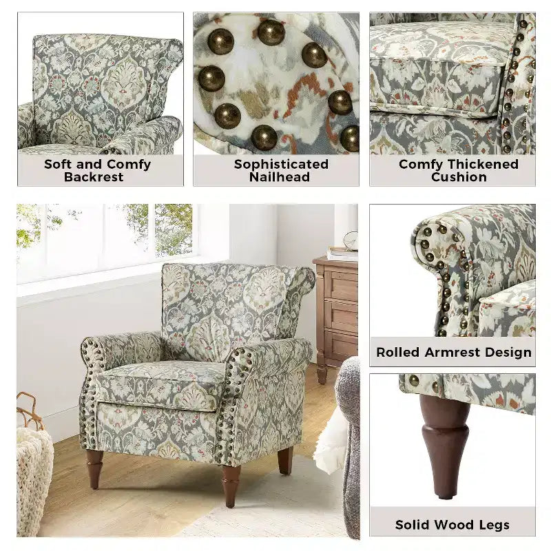 Araceli traditioneller gepolsterter Holzsessel mit Blumenmuster, Ohrenlehnen und Ziernägeln | ART OF LIVING DESIGNS