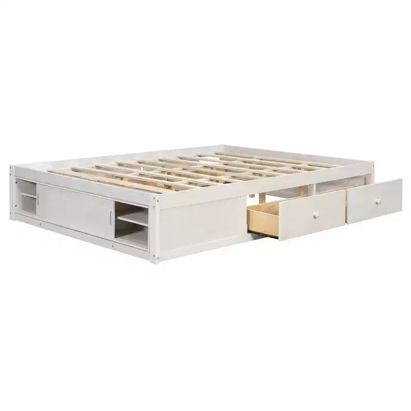Cadre de lit plateforme grand lit Whisen avec 4 tiroirs de rangement et rangement dans le pied de lit