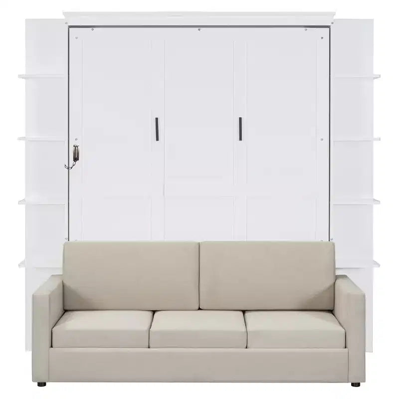 Queensize Murphy-bed met bank, opklapbed in kastformaat met boekenkast en planken voor de logeerkamer of het kantoor