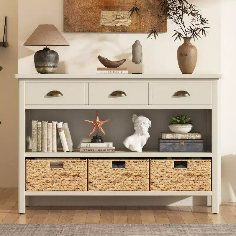 Haltafel met opbergruimte, haltafel in boerderijstijl met 3 laden en 3 manden van waterhyacint voor de woonkamer of hal - Panipeachy