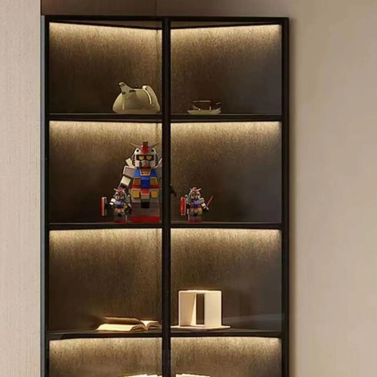 Moderne grijze metalen houten hoekvitrinekast met glazen deur
