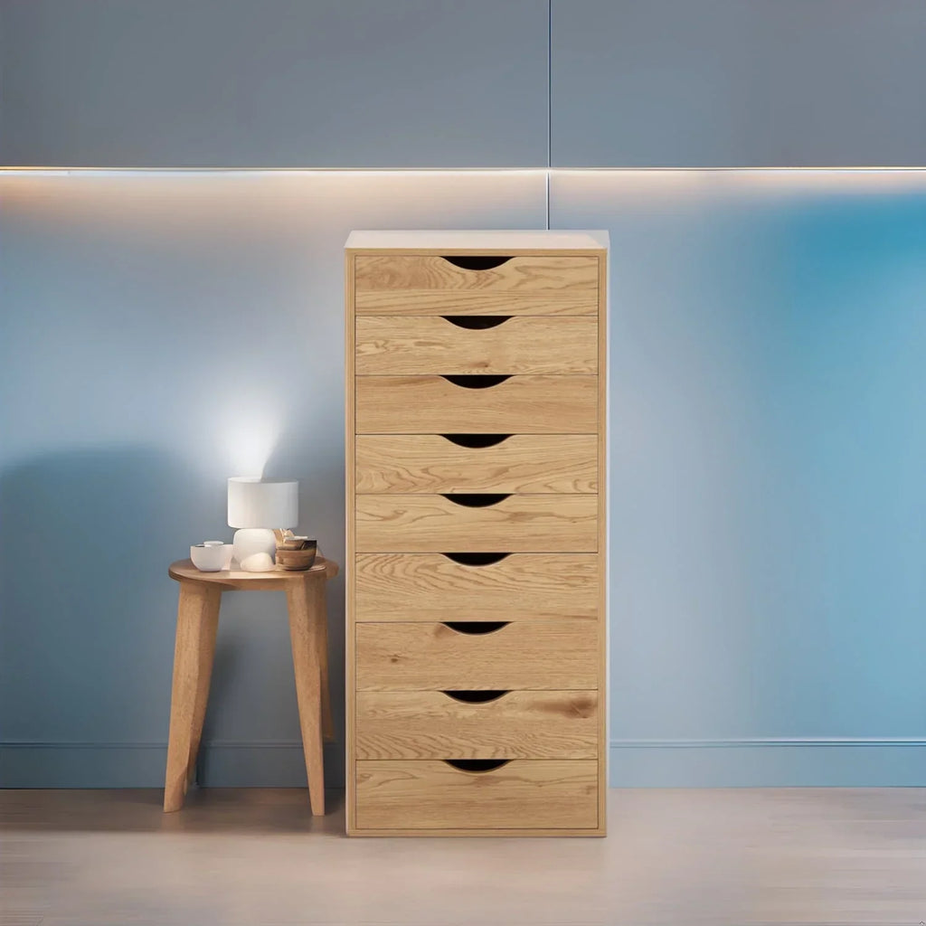 Smalle houten kast met 9 lades, soepel lopende lades en opbergplank bovenop