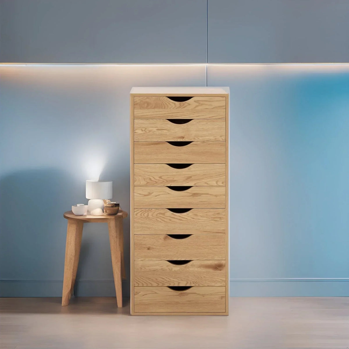 Smalle houten kast met 9 lades, soepel lopende lades en opbergplank bovenop