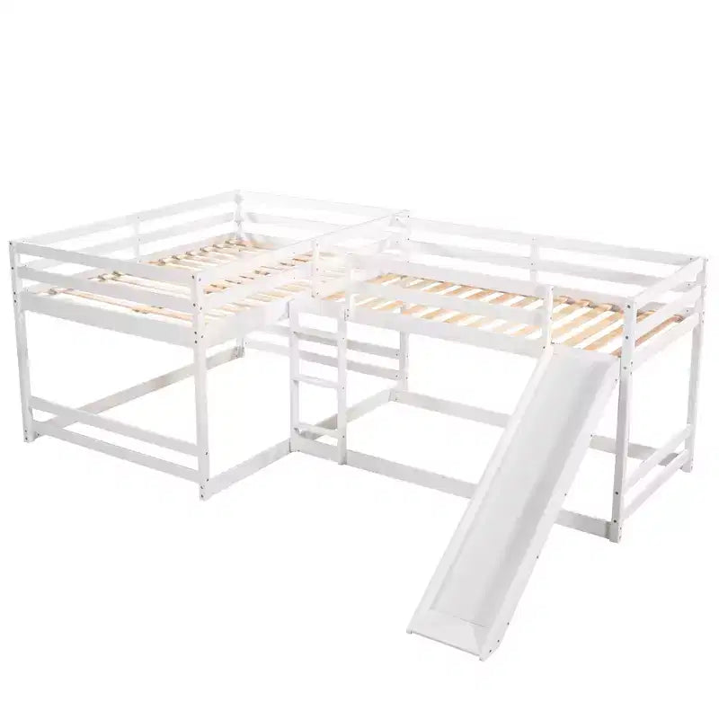 L-vormig stapelbed voor 4 kinderen, stapelbed voor vier met glijbaan, eenpersoonsbed en tweepersoonsbed, houten frame voor slaapkamer of studentenhuis
