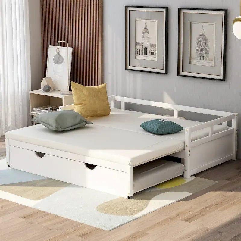 Rozkładana sofa dzienna z wysuwanym łóżkiem, drewniana sofa dzienna z wysuwanym łóżkiem