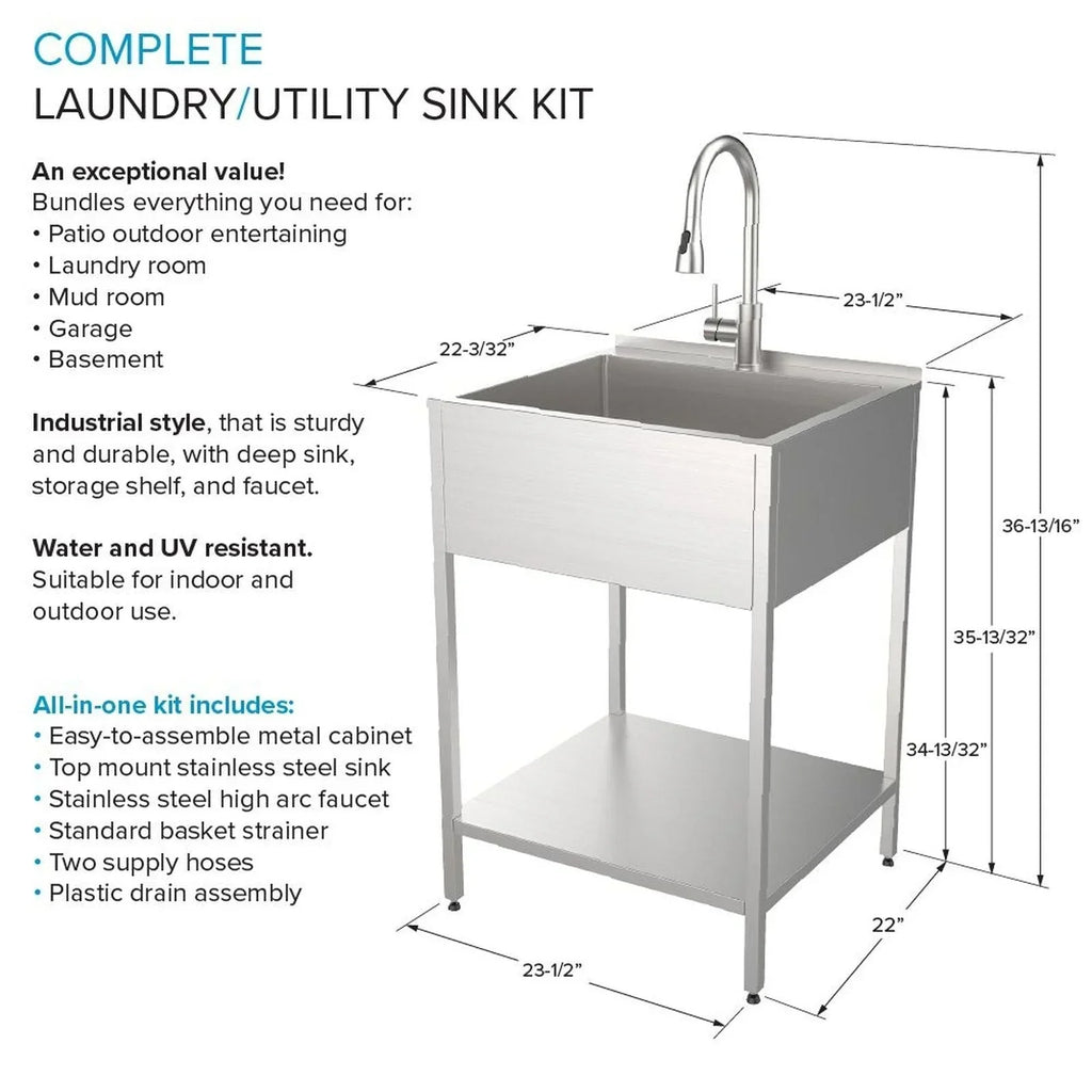 Évier de buanderie en acier inoxydable avec meuble de lavage - 24-in W x 22-in D x 35-in H
