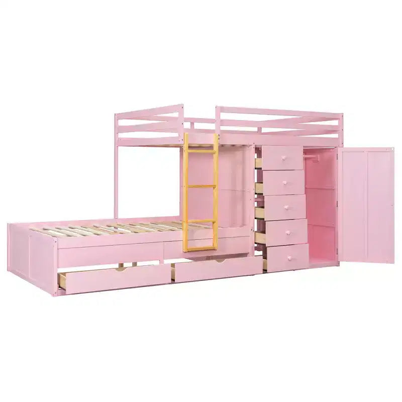 Stapelbed met twee tweepersoonsbedden, opbergkast en laden, houten stapelbed in tweepersoonsformaat met ruimtebesparend ontwerp en veiligheidsreling voor appartement en slaapkamer