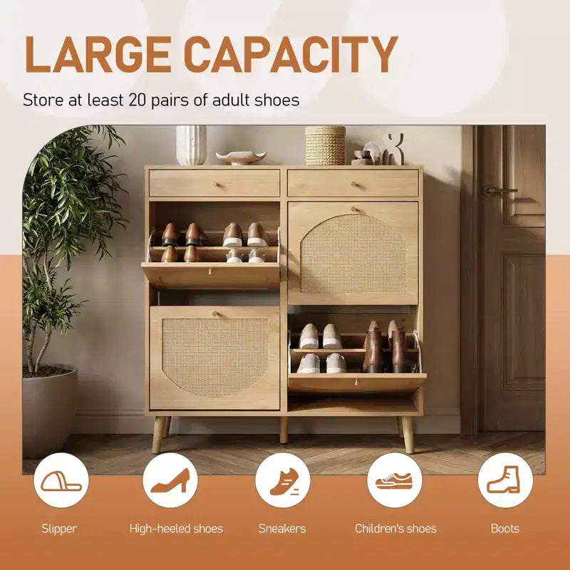 Szafka na buty Karl Home z rattanowymi frontami, 2 szufladami i 4 uchylnymi przegrodami, z płyty wiórowej, szerokość 41.34 W