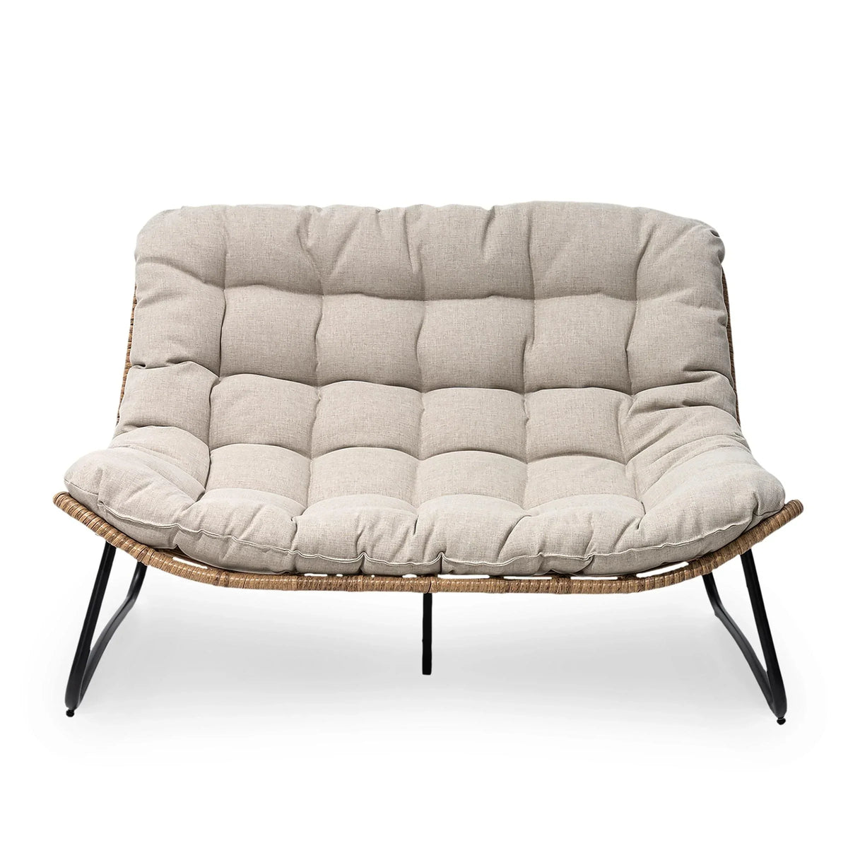 Doppel-Papasan-Sofa mit Sitzkissen, wetterfestes PE-Rattan und Metallgestell für Innen- und Außenbereich
