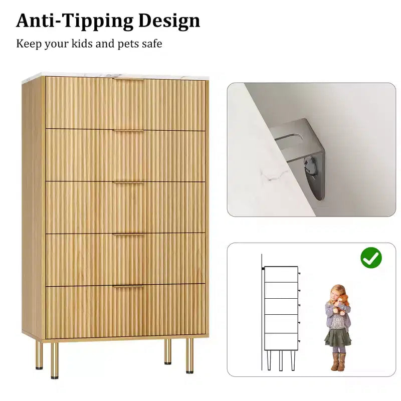 Commode blanche / marbre et bois à 5 tiroirs ?C panneau cannelé, pour 1 personne