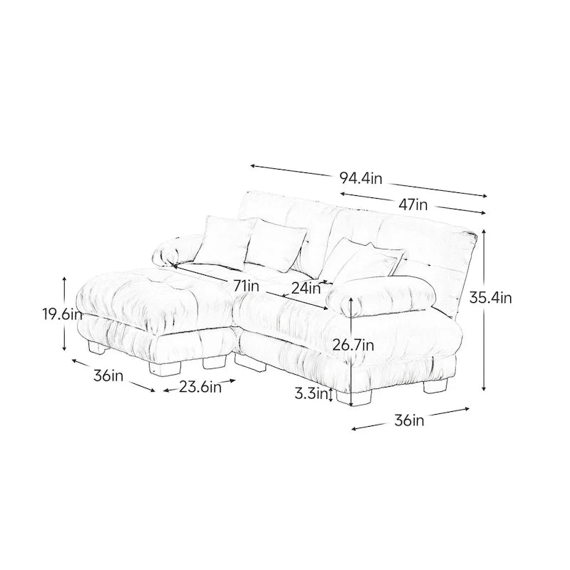 Narożna sofa dwuosobowa w kształcie litery L z tapicerką chenille i poduszkami lędźwiowymi
