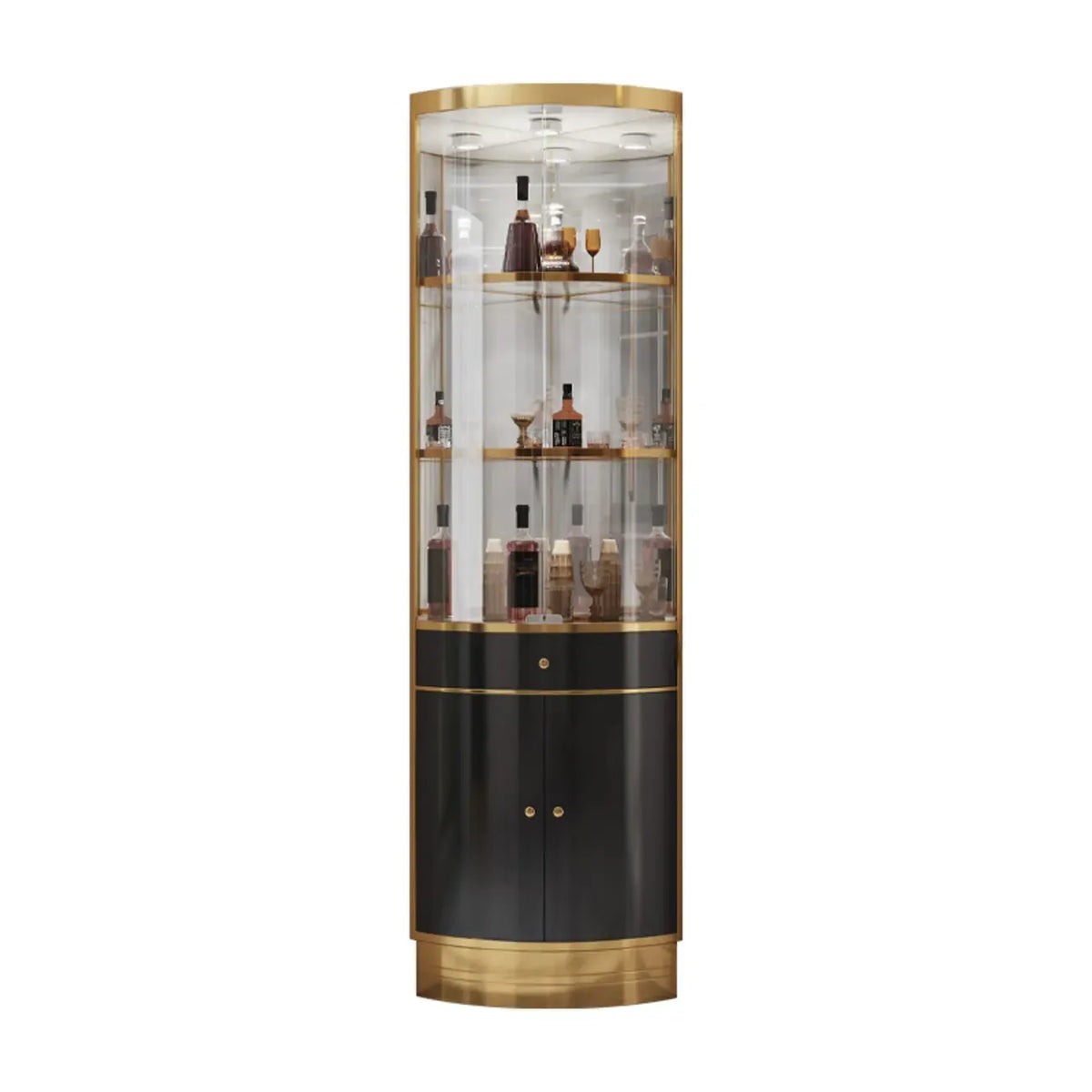 Meuble d’angle à plusieurs niveaux avec étagères en verre et métal, pour rangement, présentation et bouteilles de vin