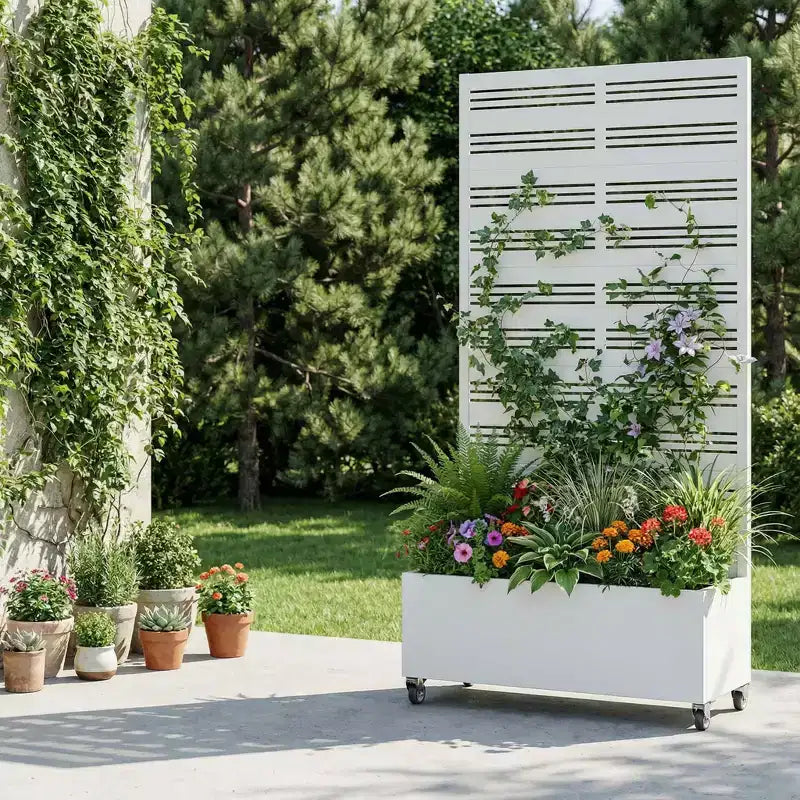 Biała prostokątna donica z kutego żelaza z kratką MAYEERTY (Harold Wide-Narrow B Louvered), 72x35x16, 5-elementowa dekoracja ogrodowa do wnętrz i na zewnątrz