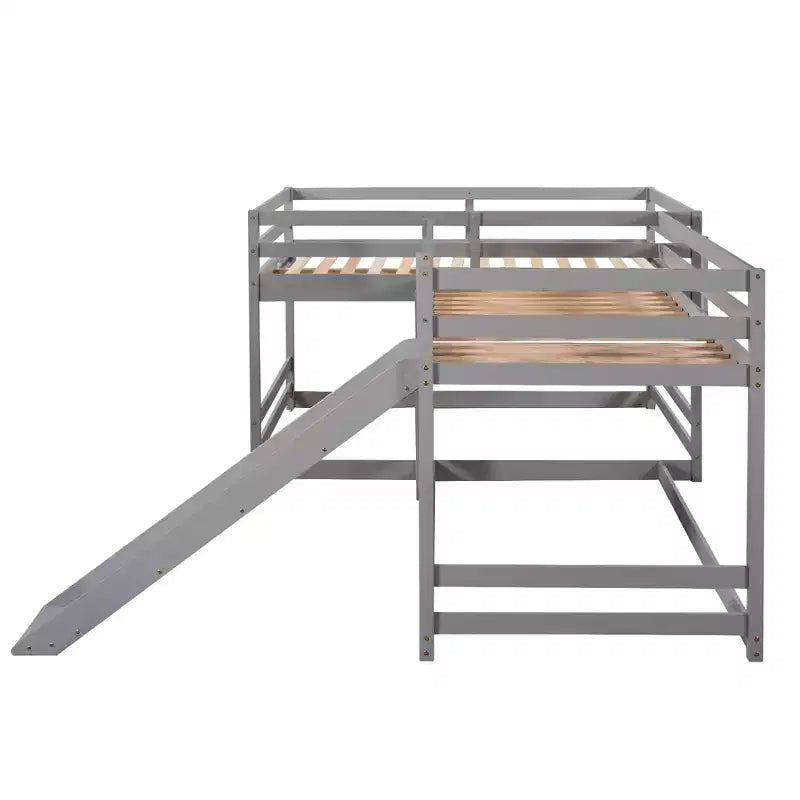 L-vormig stapelbed voor 4 kinderen, stapelbed voor vier met glijbaan, eenpersoonsbed en tweepersoonsbed, houten frame voor slaapkamer of studentenhuis