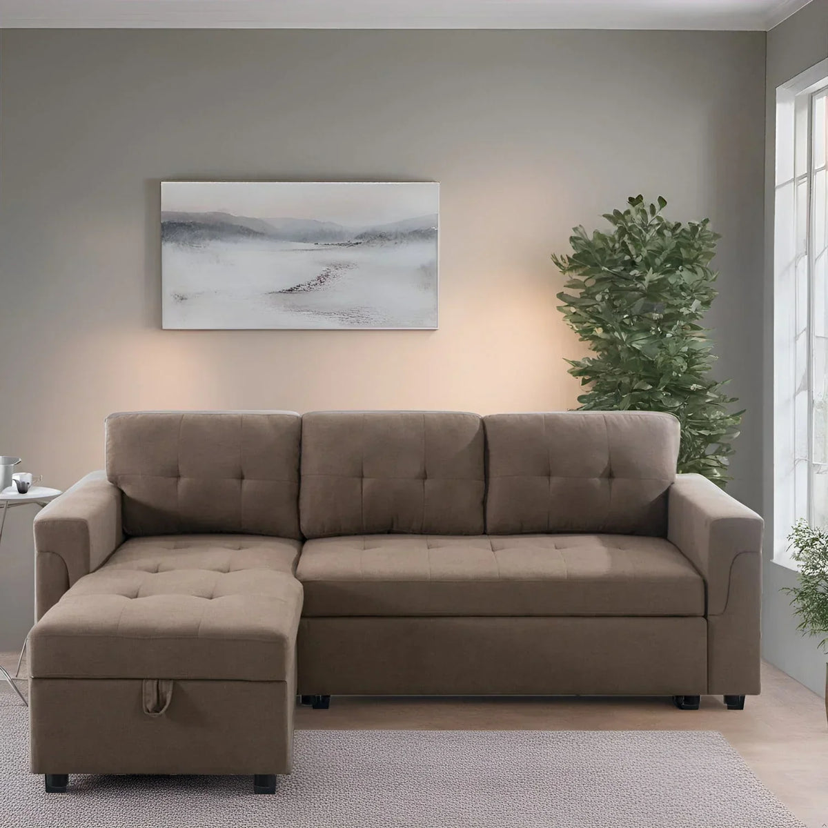 Umbaubares, beidseitig montierbares Ecksofa mit ausziehbarem Schlafbett, verstecktem Stauraum in der Recamiere und robusten Beinen