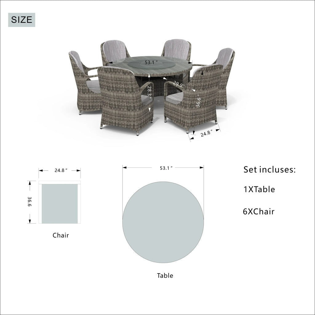 Ensemble de salle à manger rond de patio en rotin tressé d’extérieur, 7 pièces avec coussins, par Moda Furnishings