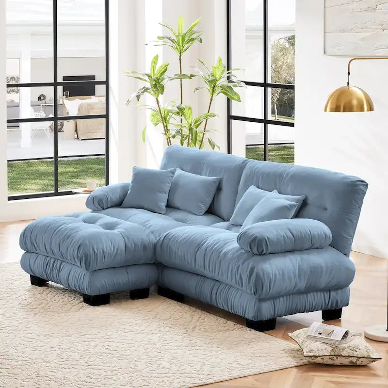 Narożna sofa dwuosobowa w kształcie litery L z tapicerką chenille i poduszkami lędźwiowymi