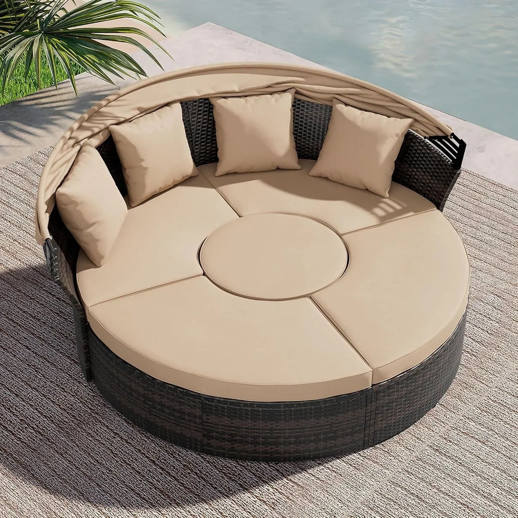 Salon de jardin Nuon 4 pièces/5 pièces avec méridienne en résine tressée et auvent, par Havenside Home